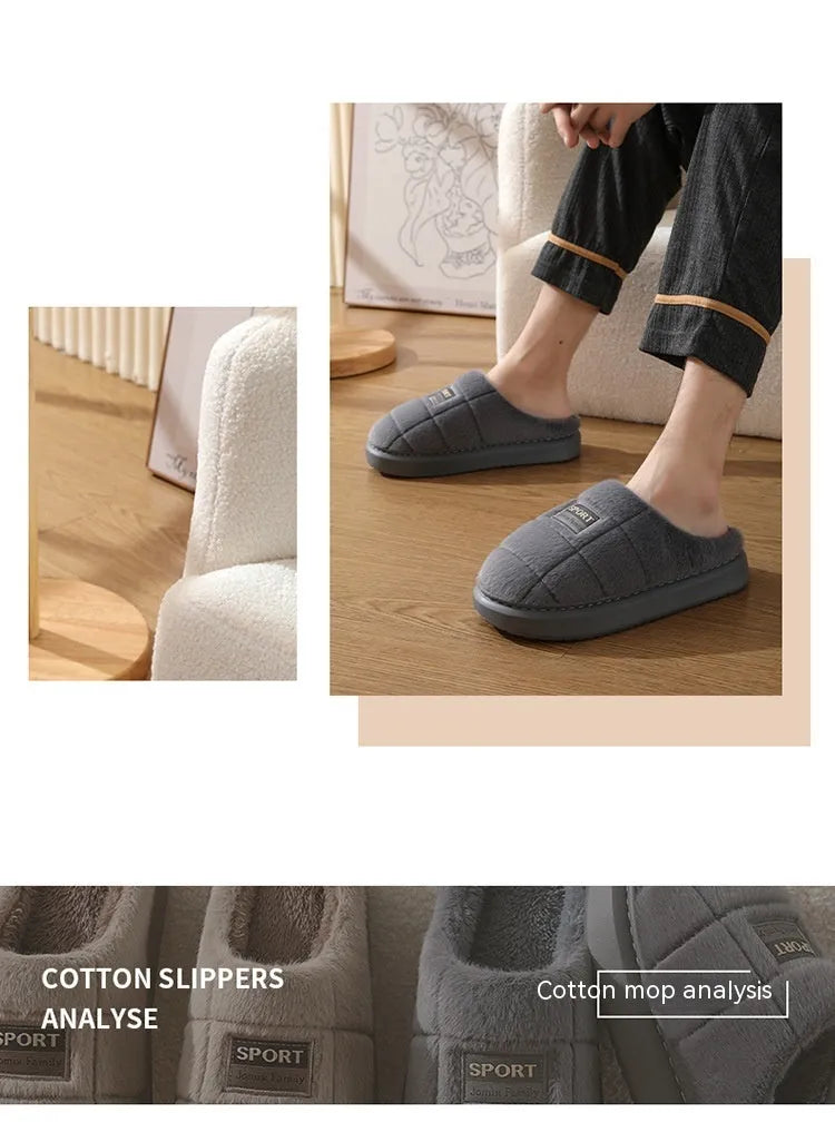 Men's grey and brown plaid winter slippers with thick wool lining and EVA soles