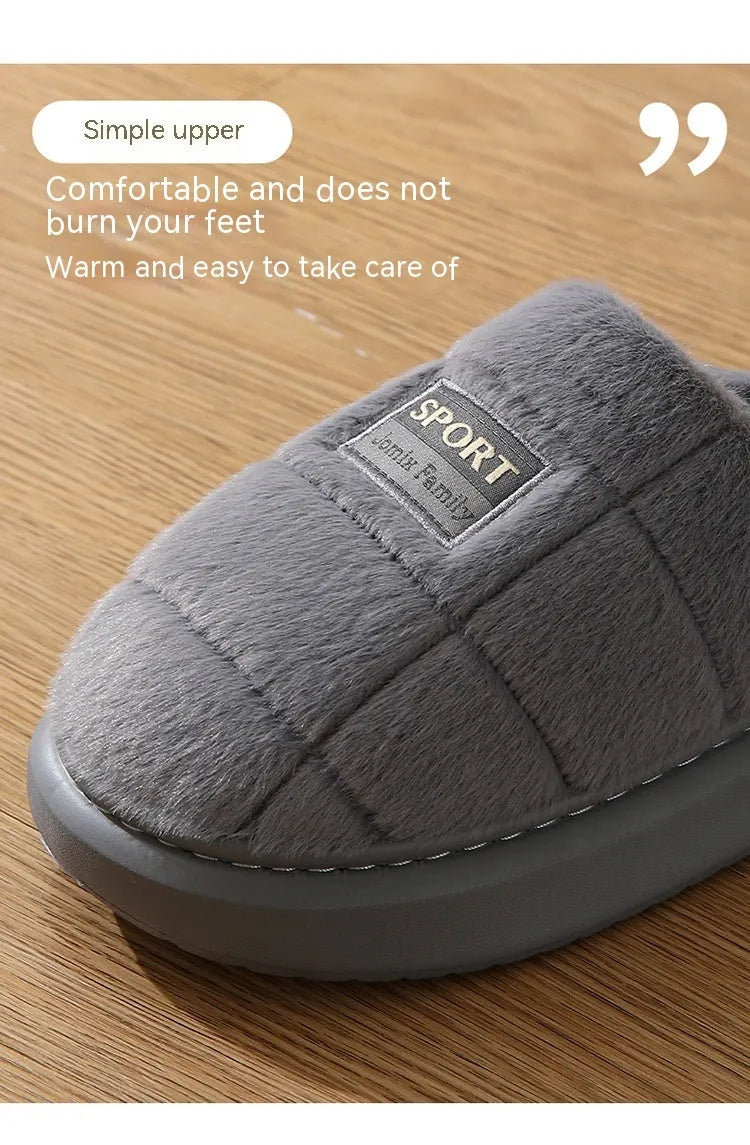 Men's grey and brown plaid winter slippers with thick wool lining and EVA soles