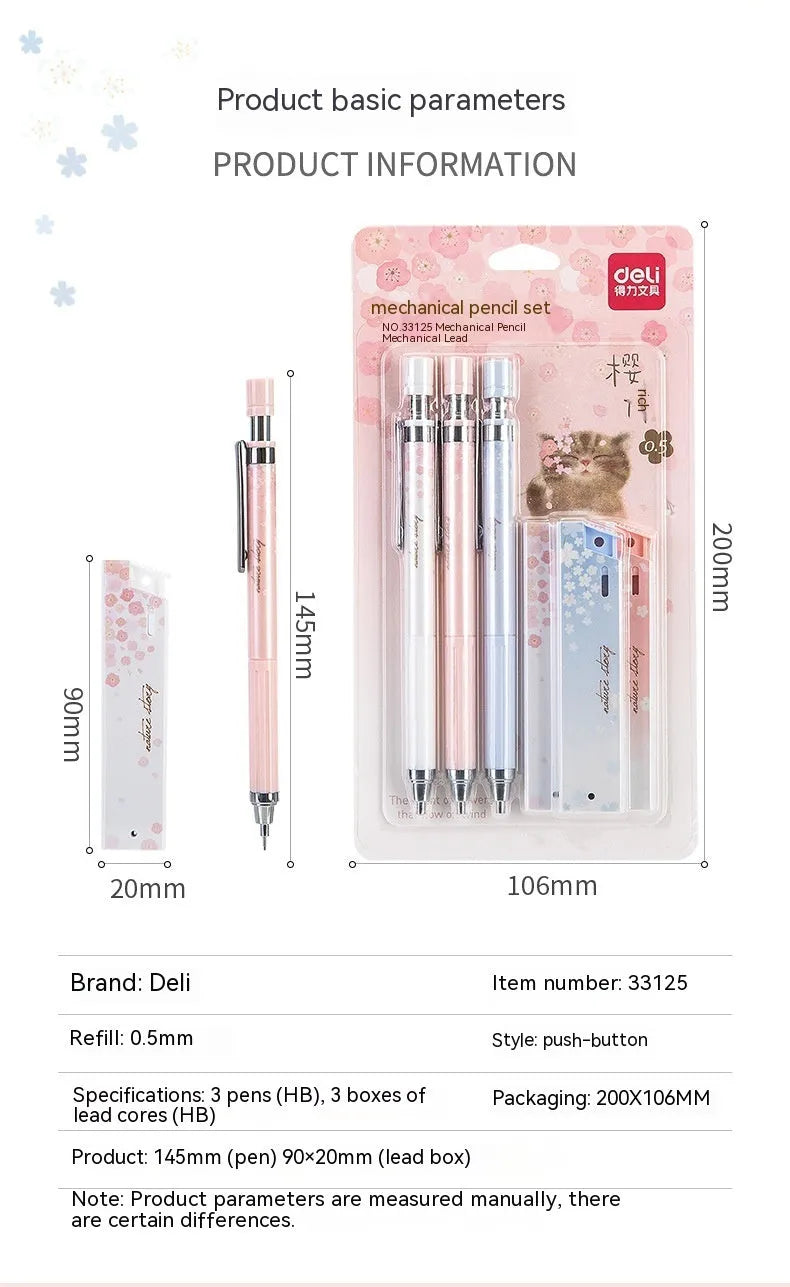 Cartoon design automatic pencil set with 0.5mm leads and three refill boxes in mixed colours