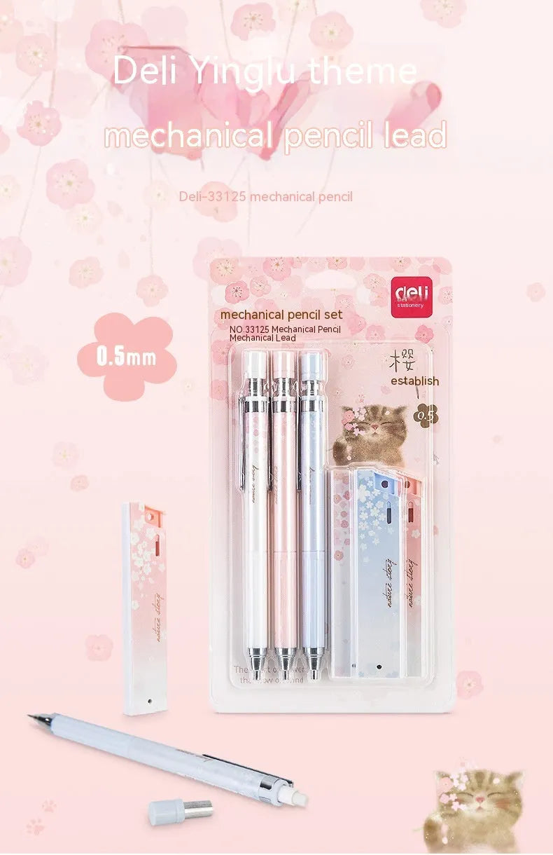 Cartoon design automatic pencil set with 0.5mm leads and three refill boxes in mixed colours