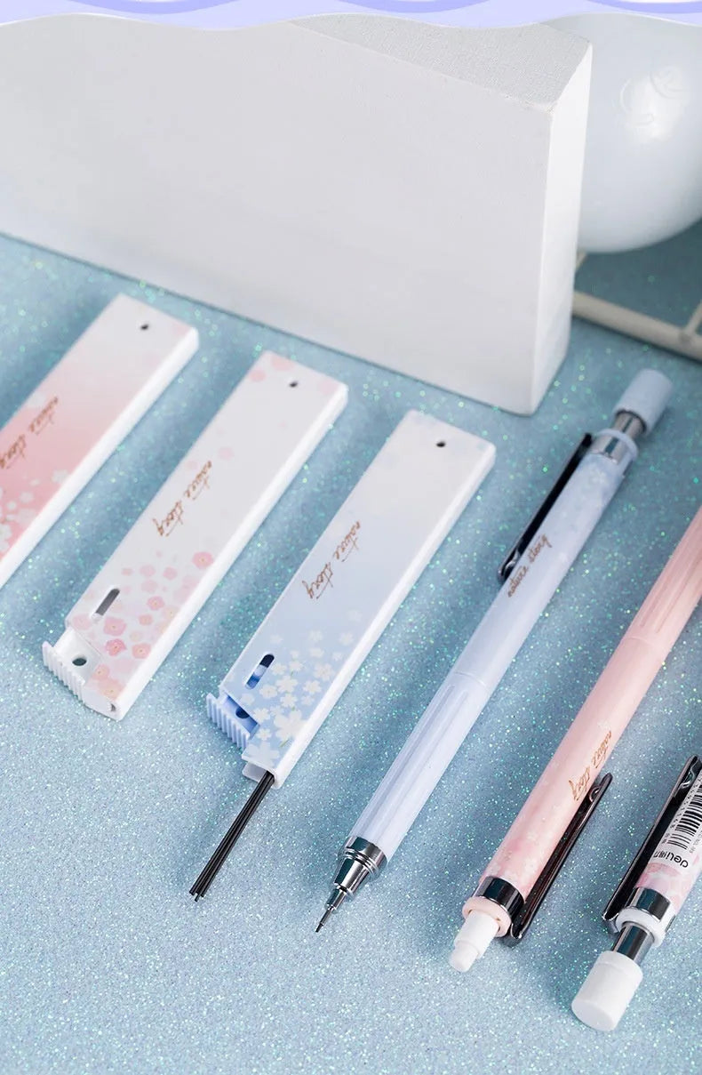 Cartoon design automatic pencil set with 0.5mm leads and three refill boxes in mixed colours