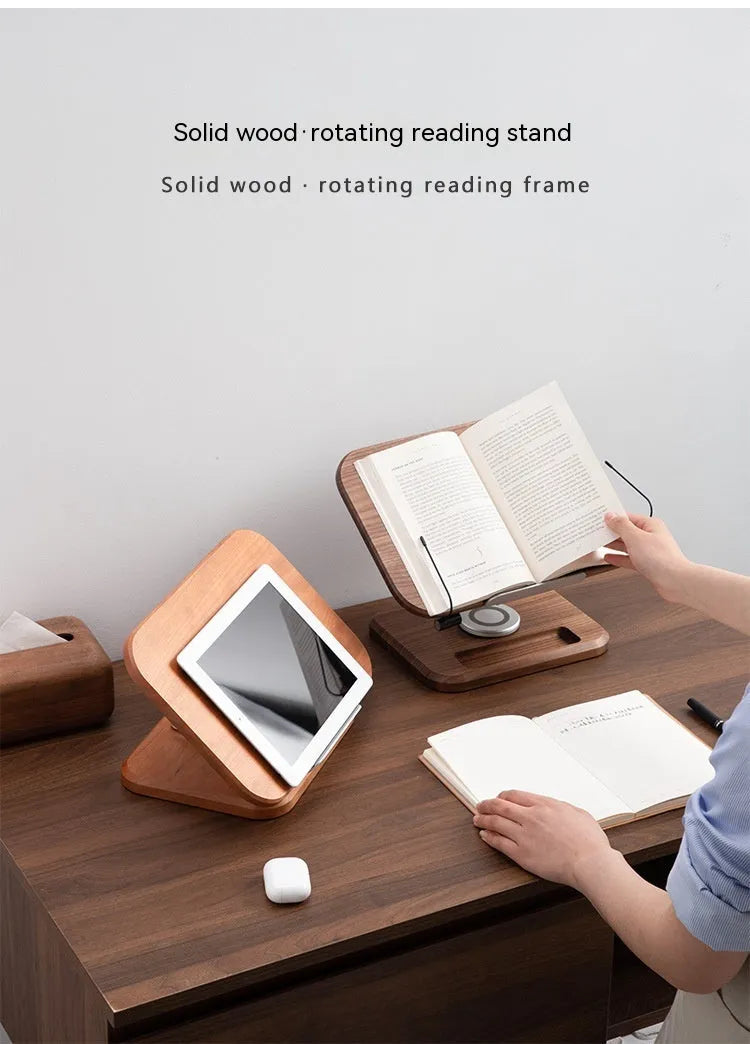 Solid wood adjustable reading rack in walnut colour holding a book at an angle.