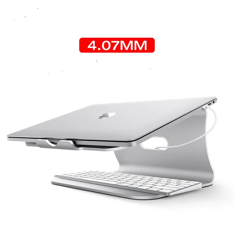 Aluminium laptop cooling bracket in grey or silver with rotary adjustability for mounting fans.