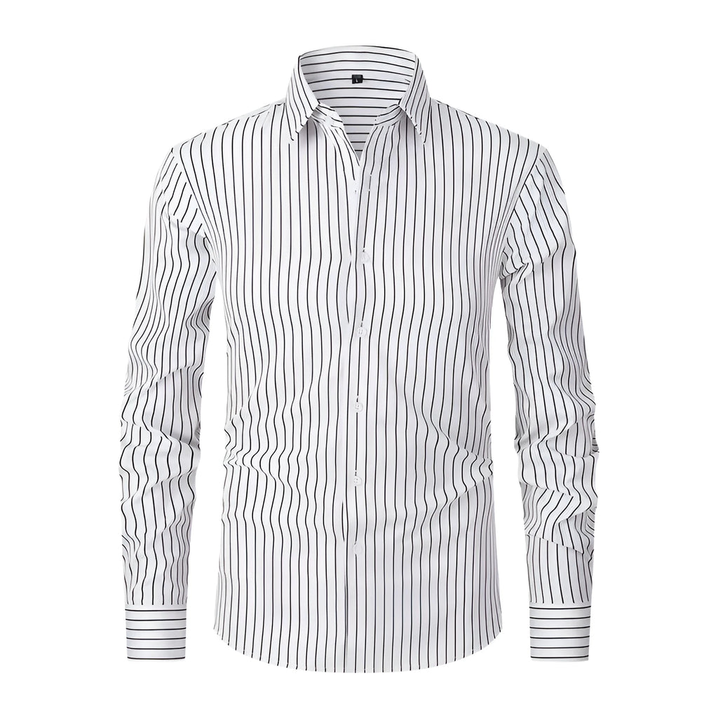 Men's slim fit striped long sleeve business shirt in a cardigan style on a hanger.
