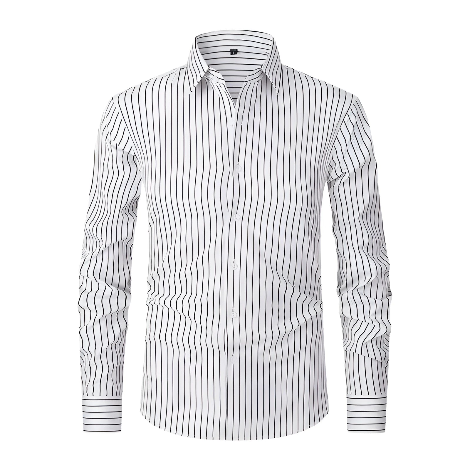Men's slim fit striped long sleeve business shirt in a cardigan style on a hanger.