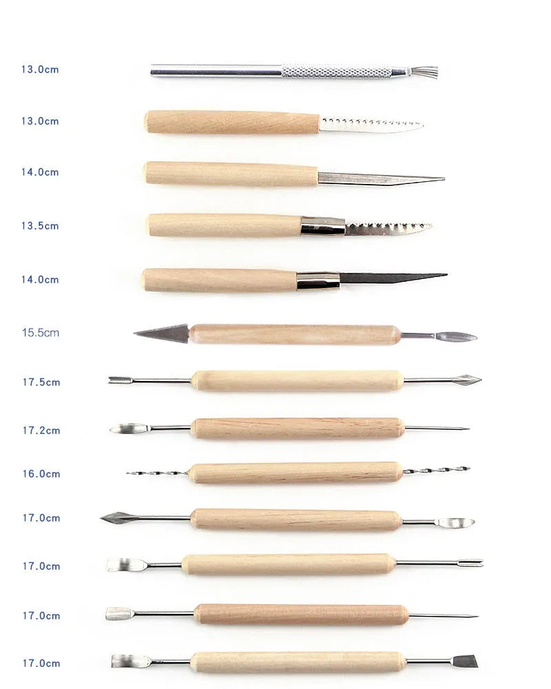 27-piece pottery clay tool set with stainless steel tools, wooden implements, plastic tools, a rolling pin, and an OPP storage bag.