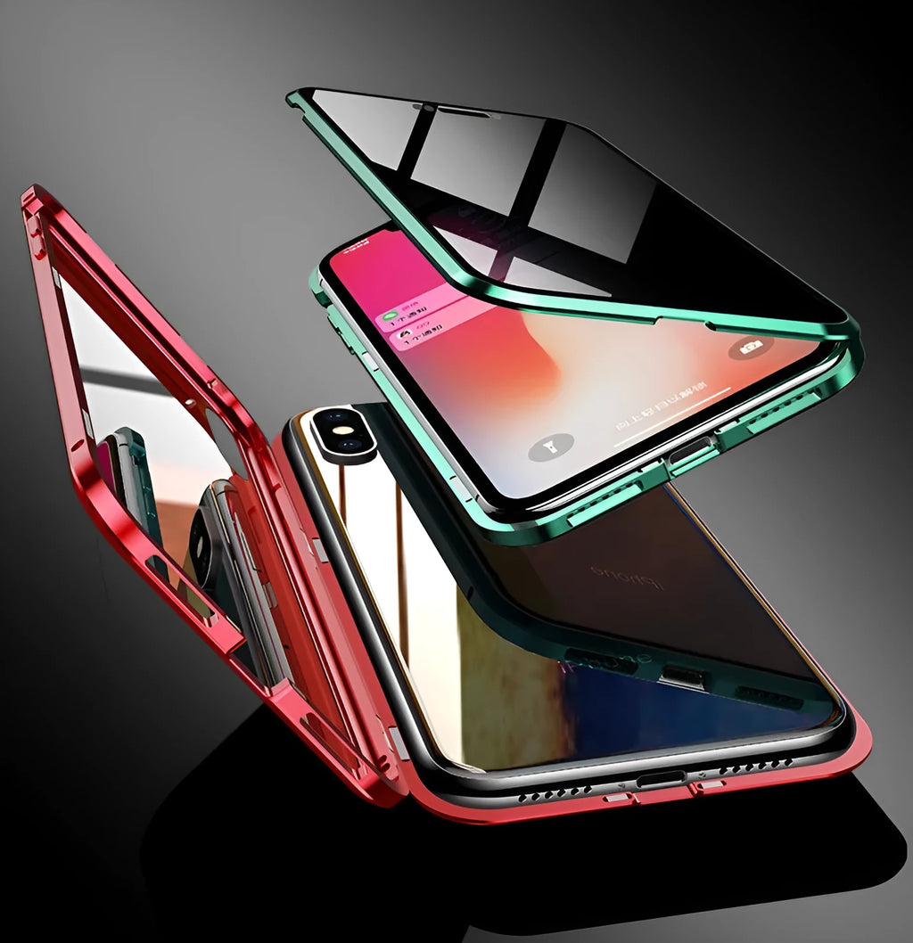 Black anti-peeping magnetic phone case for Samsung Galaxy showing clamshell design and privacy screen