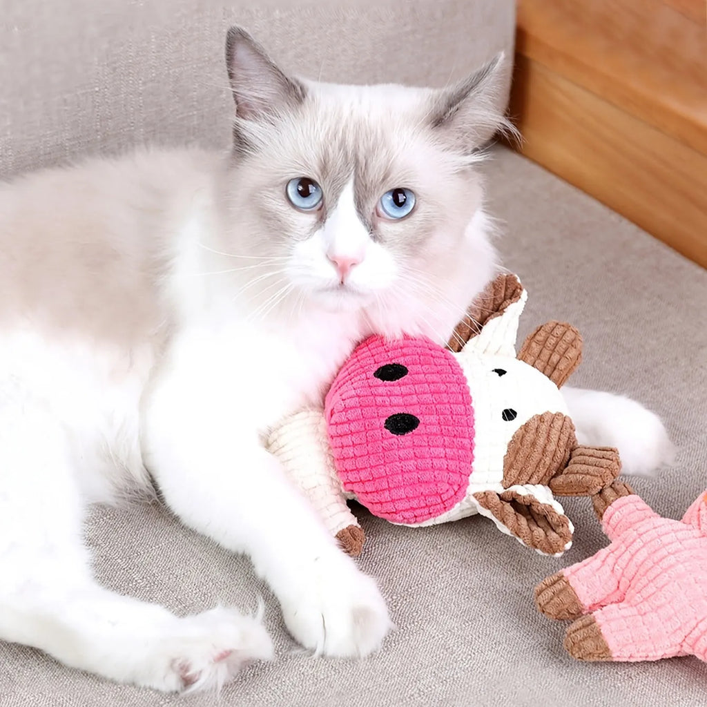 Animal-shaped plush dog chew toys with squeakers in blue, brown, grey, pink, white, and yellow colours