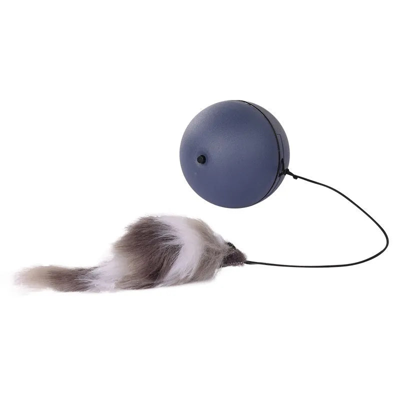 Automatic cat teasing ball with plush mouse in blue orange or dark grey colours
