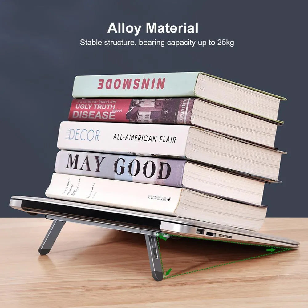 Aluminium alloy laptop stand 216x26mm in silver with silicone pads on desk