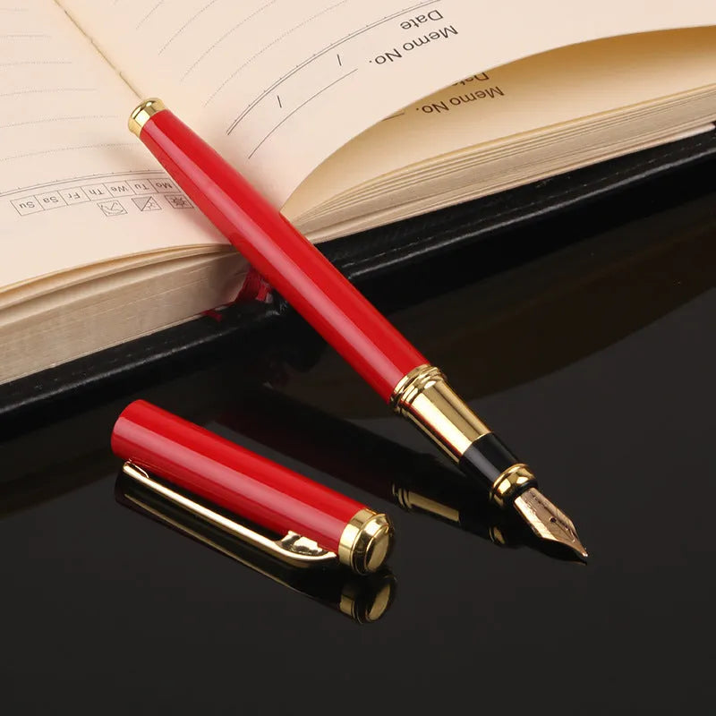 Black and red metal fountain pen with a visible 0.5mm fine nib, presented for business and office use.
