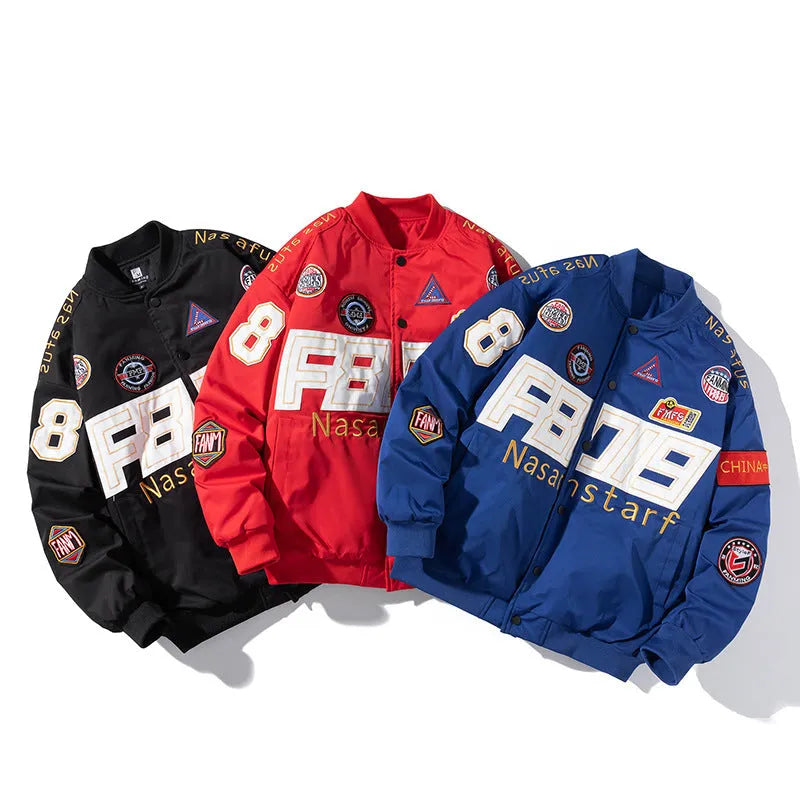 Loose-fit black motorcycle couple baseball jacket with side pockets and a removable hood.