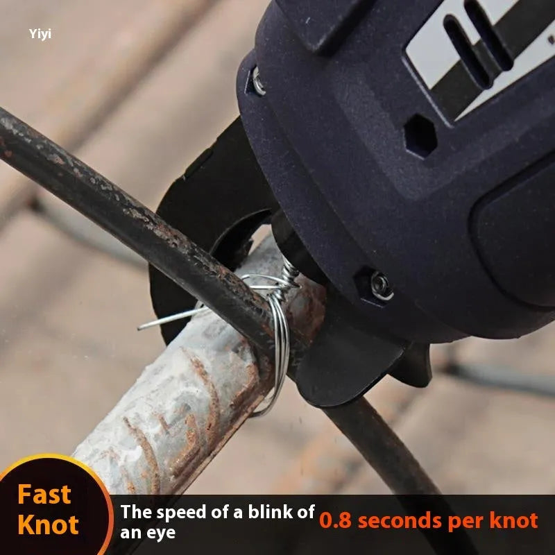 Electric steel rebar tying machine with battery and charger on a construction site