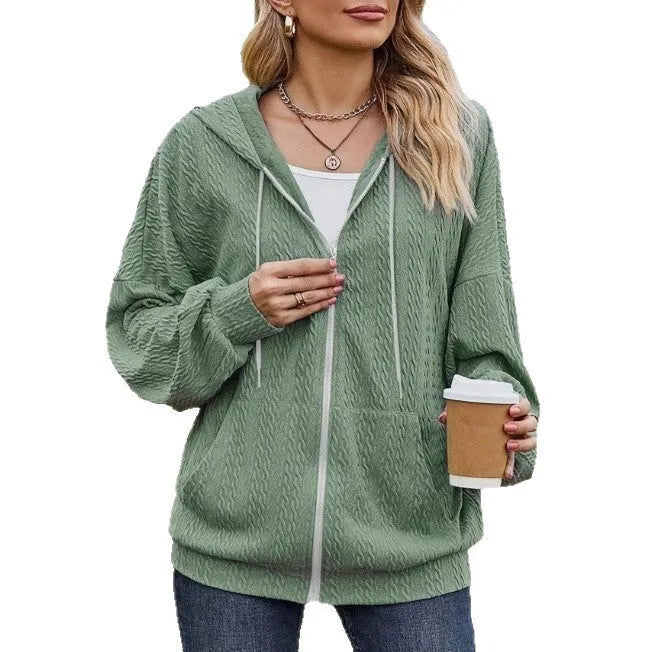 Green women's hooded sweater coat with full-length front zipper in loose casual style