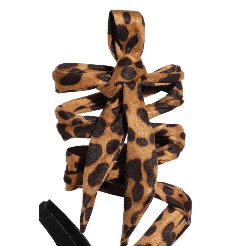 Light brown leopard print high heels with Roman cross-strap design and fine 8cm+ heel