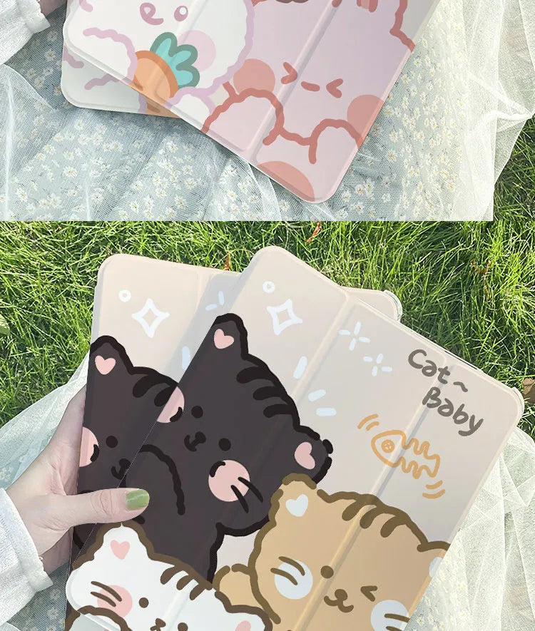 Rabbit cartoon design silicone tri-fold protective case for an Apple iPad in stand mode.