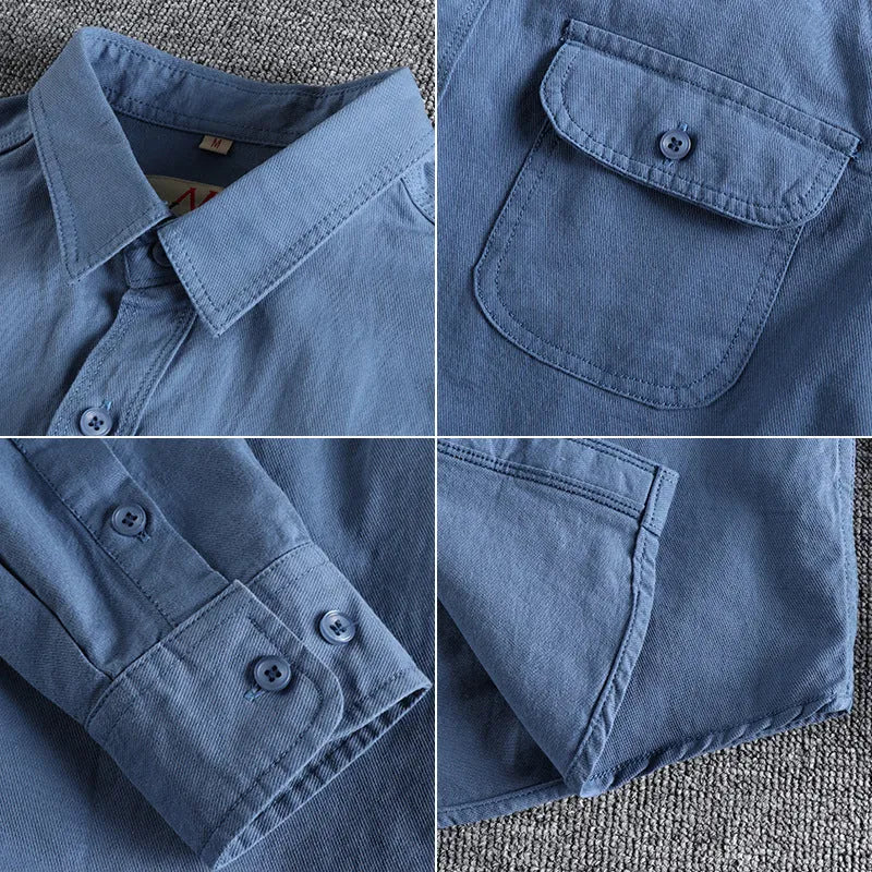 Men's solid colour cotton long sleeve button-down shirt in light blue on hanger