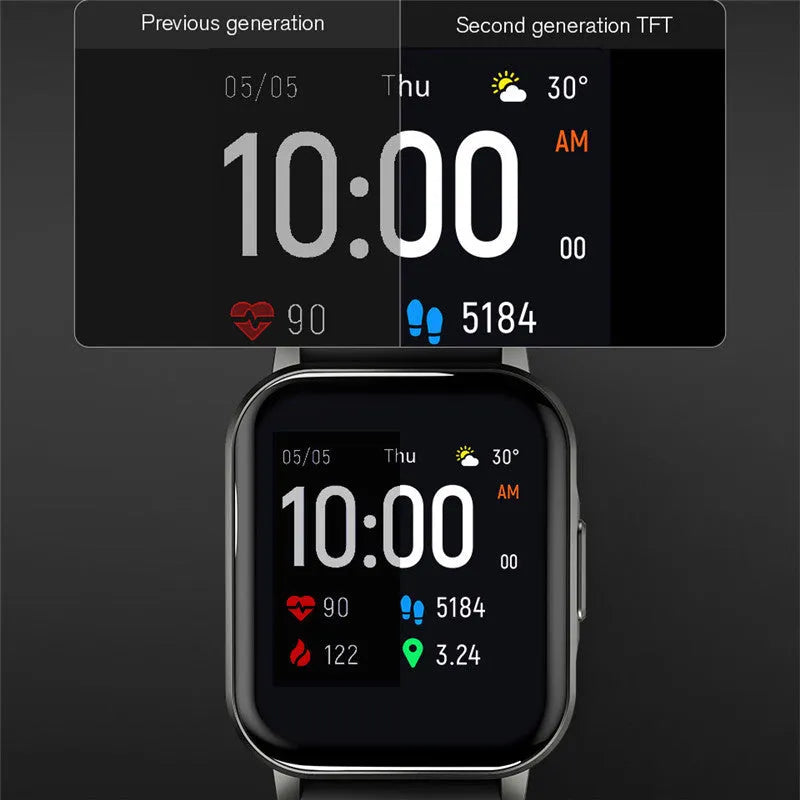 Black waterproof smart bracelet with 1.4 inch screen and silicone strap showing heart rate data