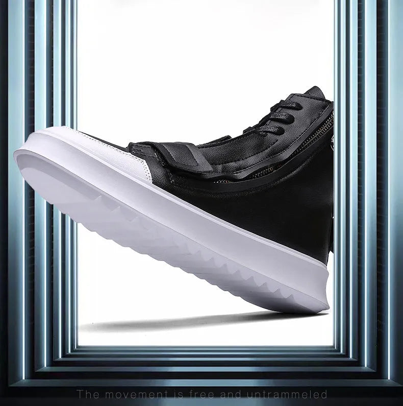 Men's black and white PU leather winter ankle boots with high-top sneaker styling showing size range 38-43