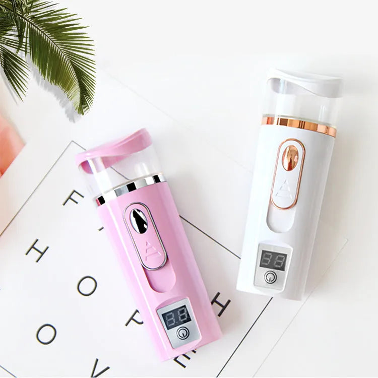 Nano spray water meter 35ml handheld facial mist device in white or pink, 4.6 x 13.5 cm