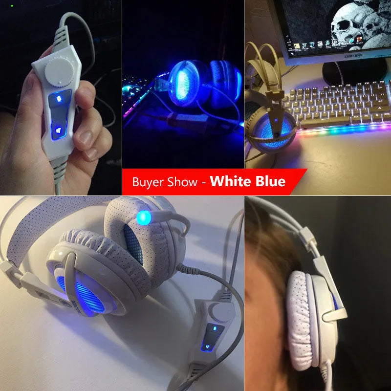 Black and white 7.1 channel USB gaming headset with LED lights, removable microphone, and padded headband