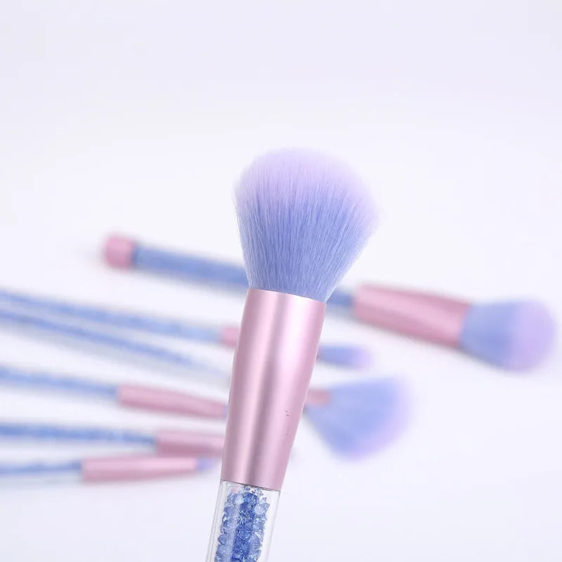 Seven-piece makeup brush set with rayon bristles, PU heads and 20cm long plastic handles in pink, blue and rose red