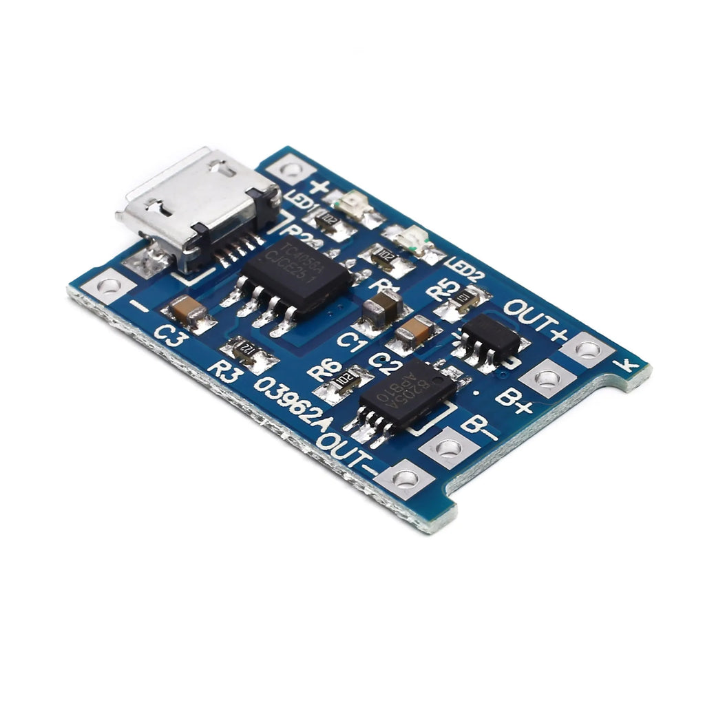 Blue lithium battery charging and protection integrated circuit board measuring 26x17mm