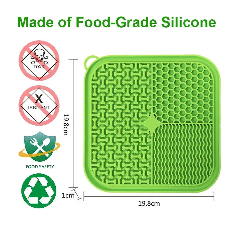 Square silicone dog licking mat with textured surface and suction cups on reverse side
