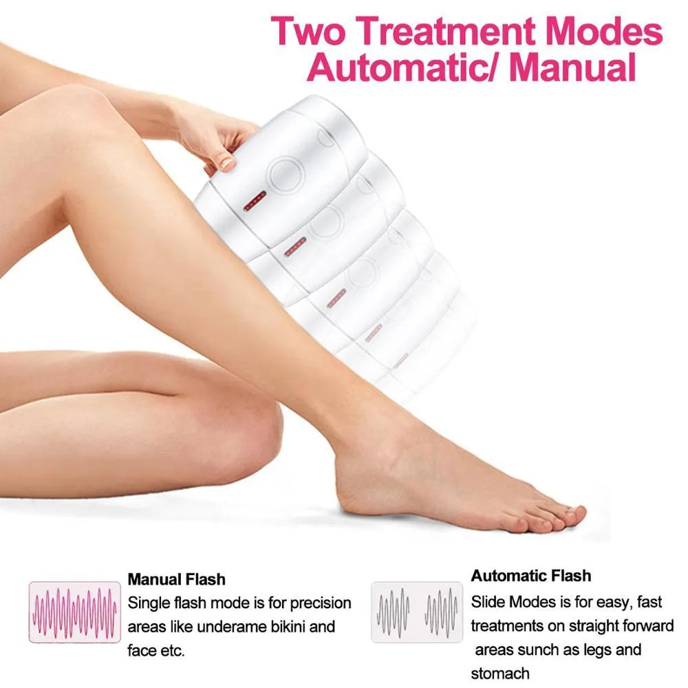 White home laser hair removal device with digital display, shown with international plug adapters.