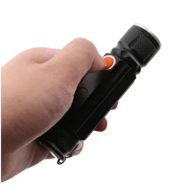 Black aluminium alloy multifunctional LED flashlight with T6+COB light source, magnet base, and rechargeable 18650 battery