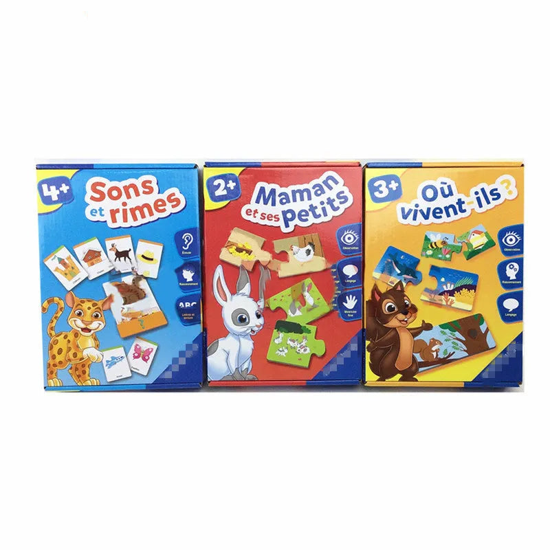 French children's puzzle toy with colourful picture and word matching cards on a table.