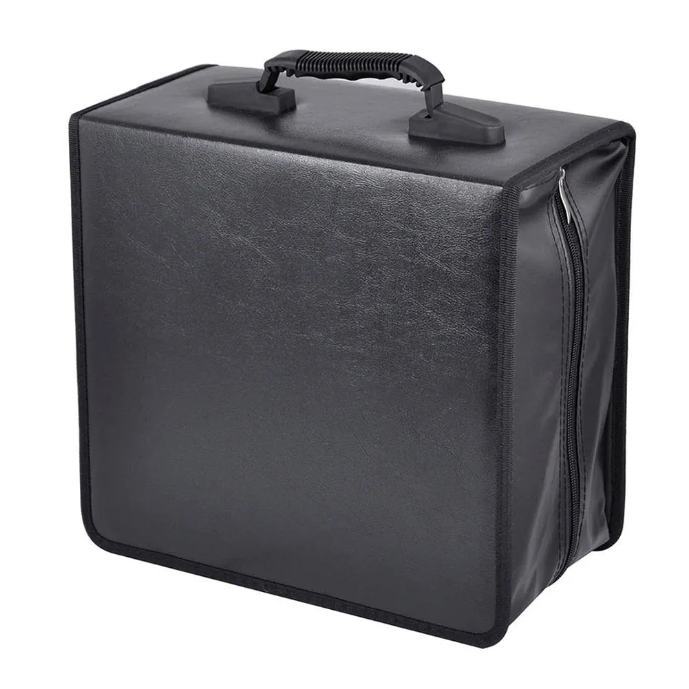 Black Oxford fabric CD DVD storage binder with top carry handle and zipper closure.