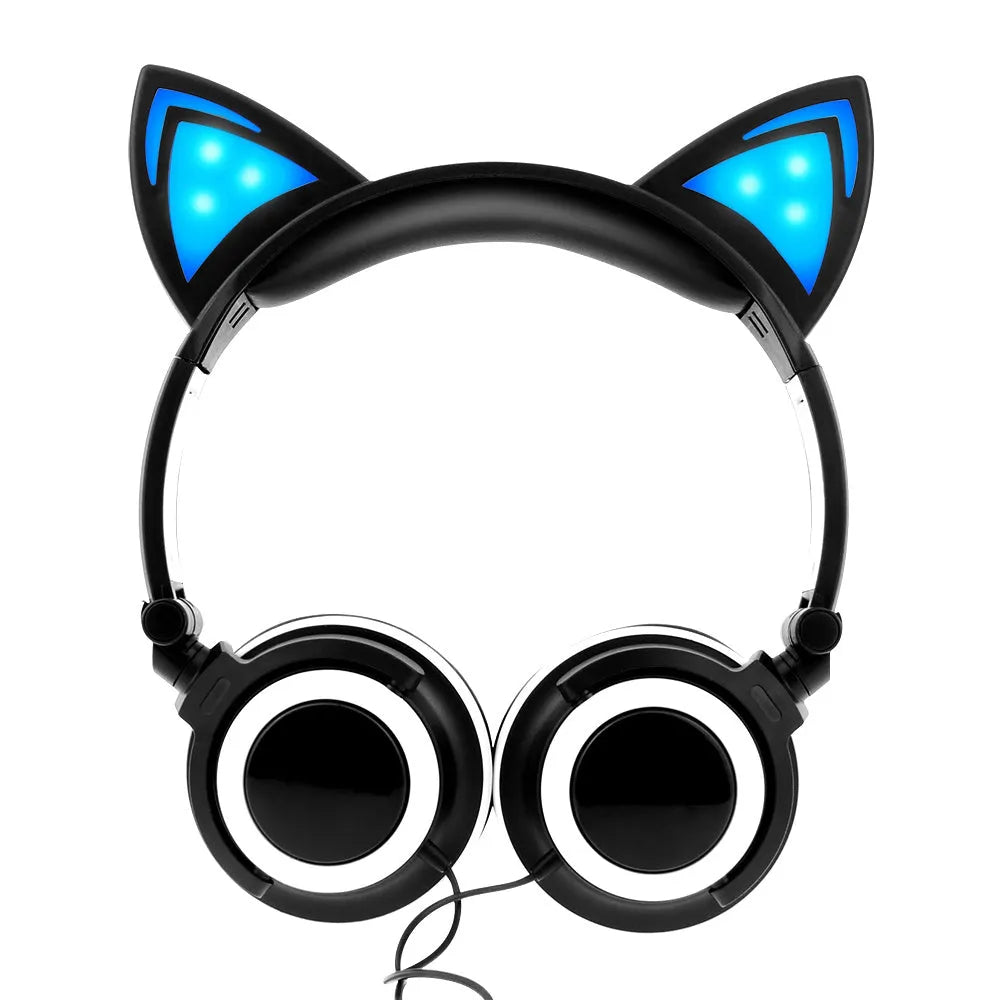Black cat ear headphones with glowing pink LED lights on the ears and ear cushions.