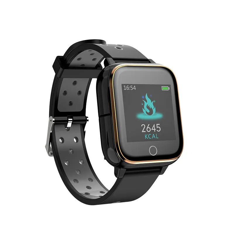 Smartwatch with Bluetooth earbuds stored in charging case showing heart rate display