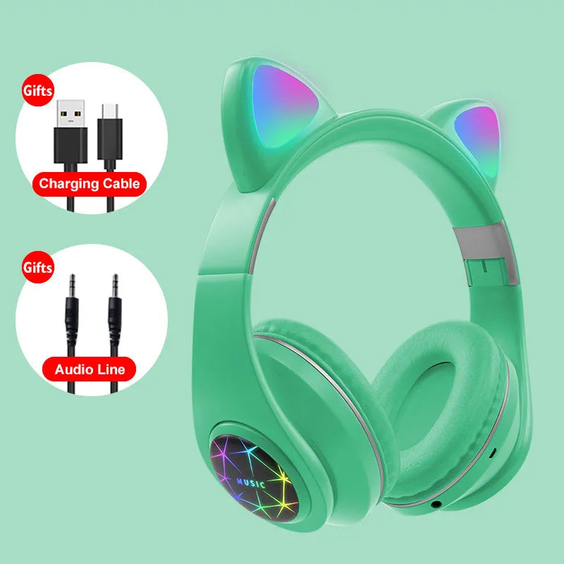 Wireless cat ear Bluetooth headset in multiple colours, showing head-mounted design for sports and music.