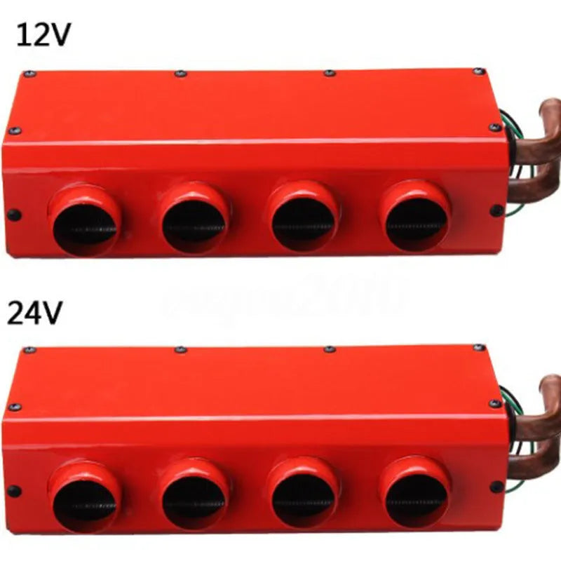Metal car heater unit with long small four-hole copper pipe connections for 12V 24V vehicles.