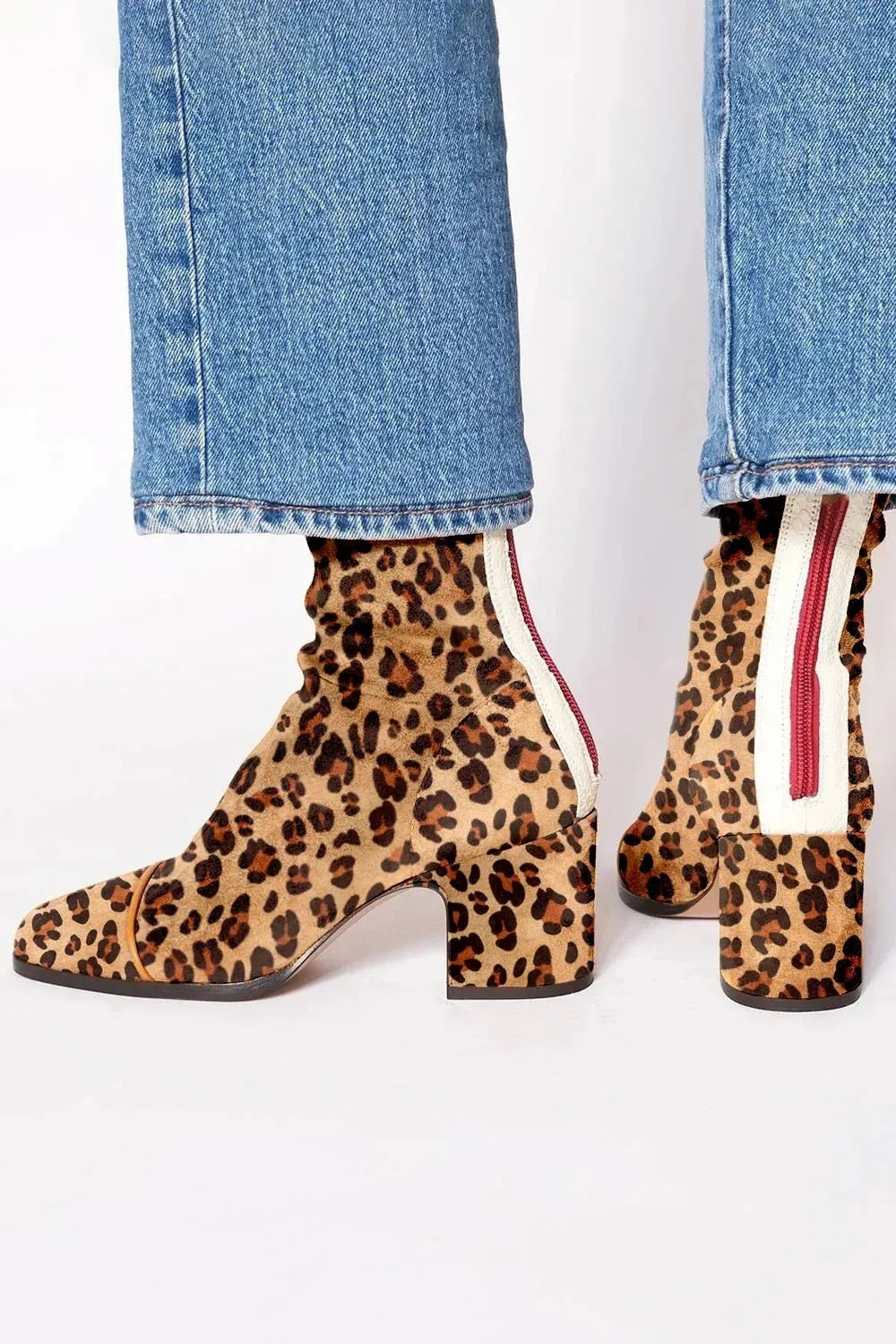 High heel square toe suede low-cut Martin boots in leopard print with chunky heel and back zipper