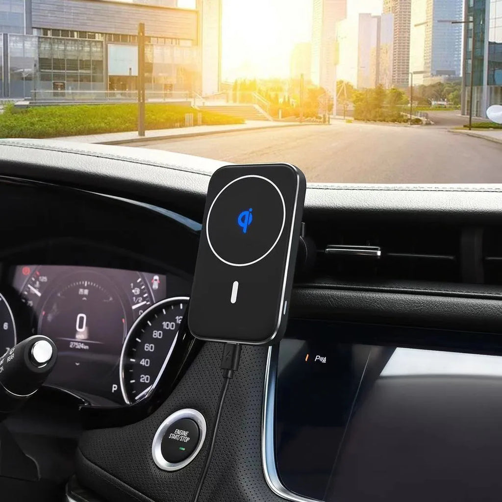 Black M6 magnetic wireless car charger bracket mounted in vehicle with phone attached