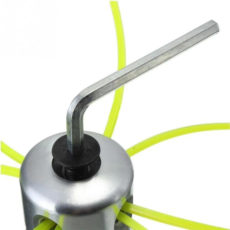 Aluminium lawn mower grass head accessory with four light yellow square ropes and installation wrench