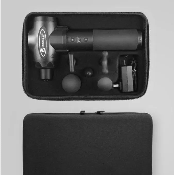 Black and white muscle massage gun with a deep stroke for tissue relief.
