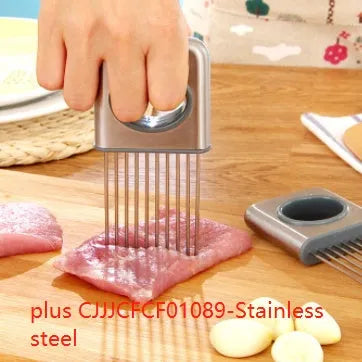 Stainless steel onion fork with PP handle and uniform fine holes for garlic pressing and holding vegetables, potatoes, fish, meat, and onions.