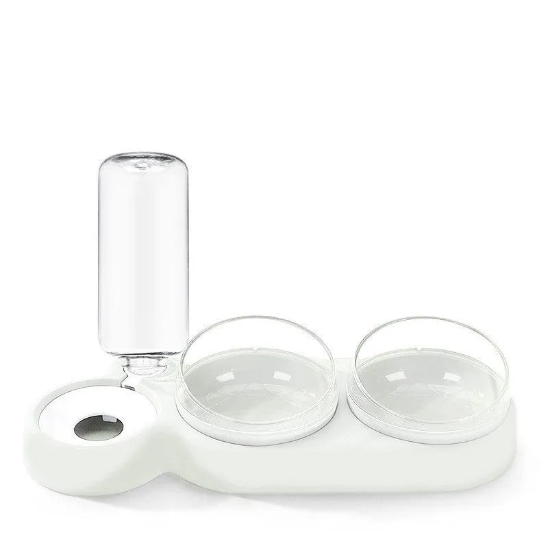Double bowl automatic pet feeder with 360 degree rotation, grey colour, 38cm long, 13.5cm wide, with two food bowls and a water bottle