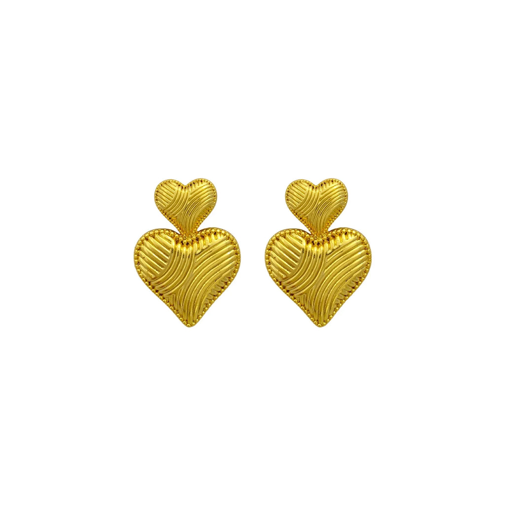 Double heart earrings in copper with electroplating, shown as ear clips or ear studs for women, one pair.