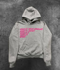 A black heavy hooded sweater with a large letter print on the front, showing a regular sleeve and hood.