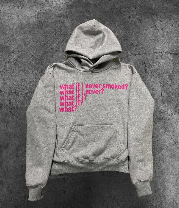 A black heavy hooded sweater with a large letter print on the front, showing a regular sleeve and hood.