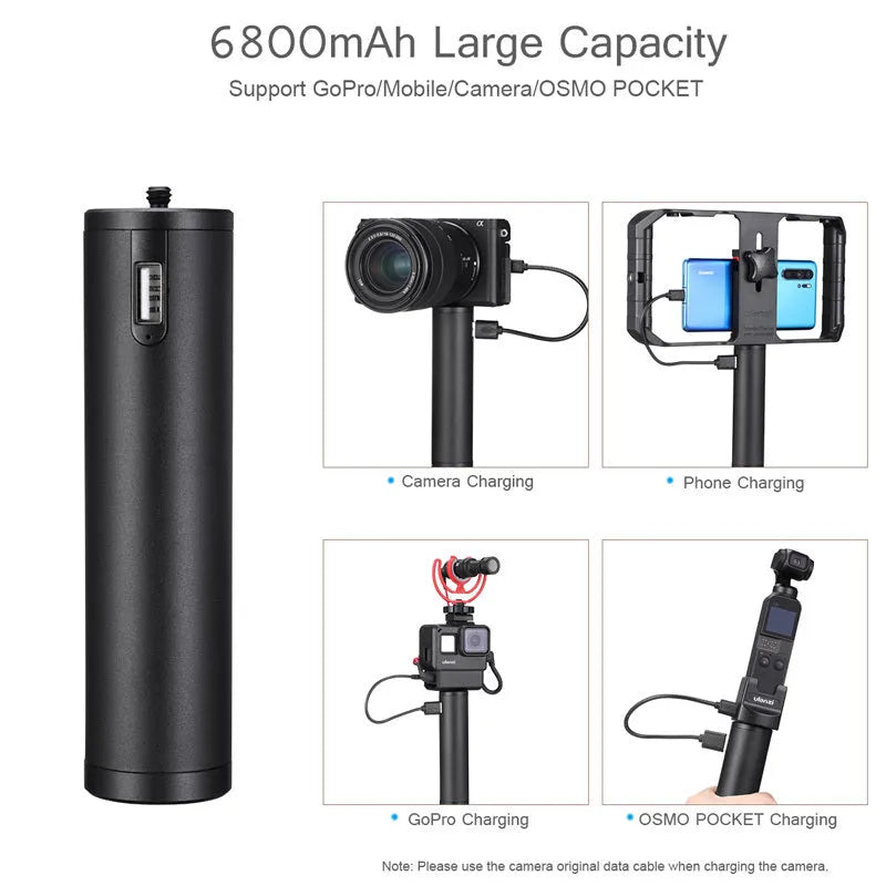 Black aluminium alloy power bank handle with 6800mAh capacity, shown next to a mobile phone.