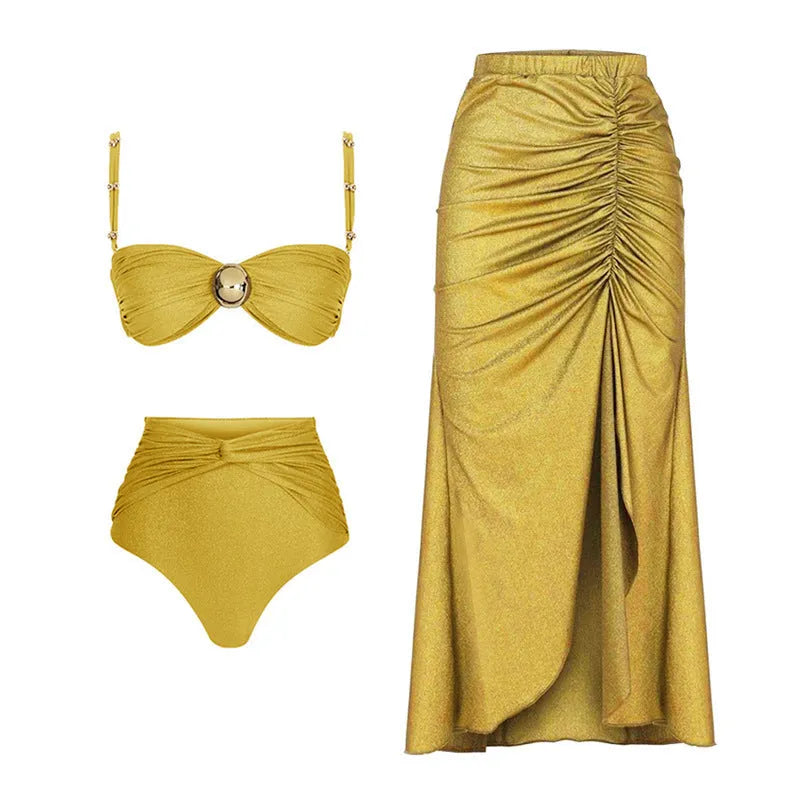 Women's high-waisted bikini set with removable skirt in green one-piece and yellow two-piece styles.
