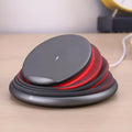 Wireless charger pad in Grey or White, 138 x 138 x 30mm, ABS plastic and silicone, 5W and 10W.