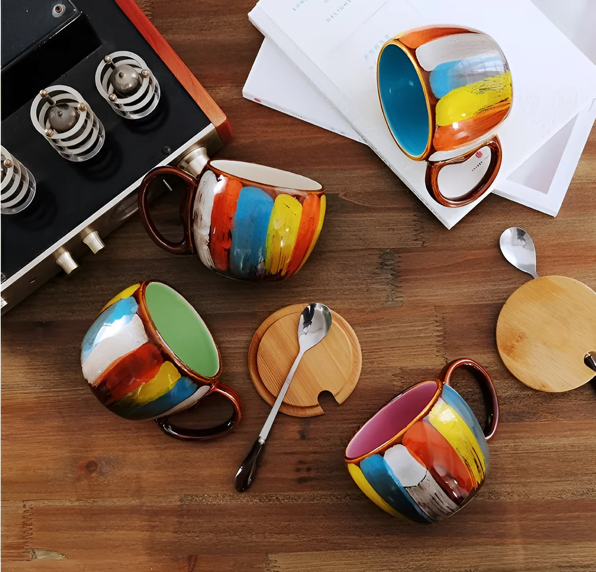 Handmade ceramic cup with lid and spoon, 350ml European style mug in vibrant blue, bright green, yellow, or pink