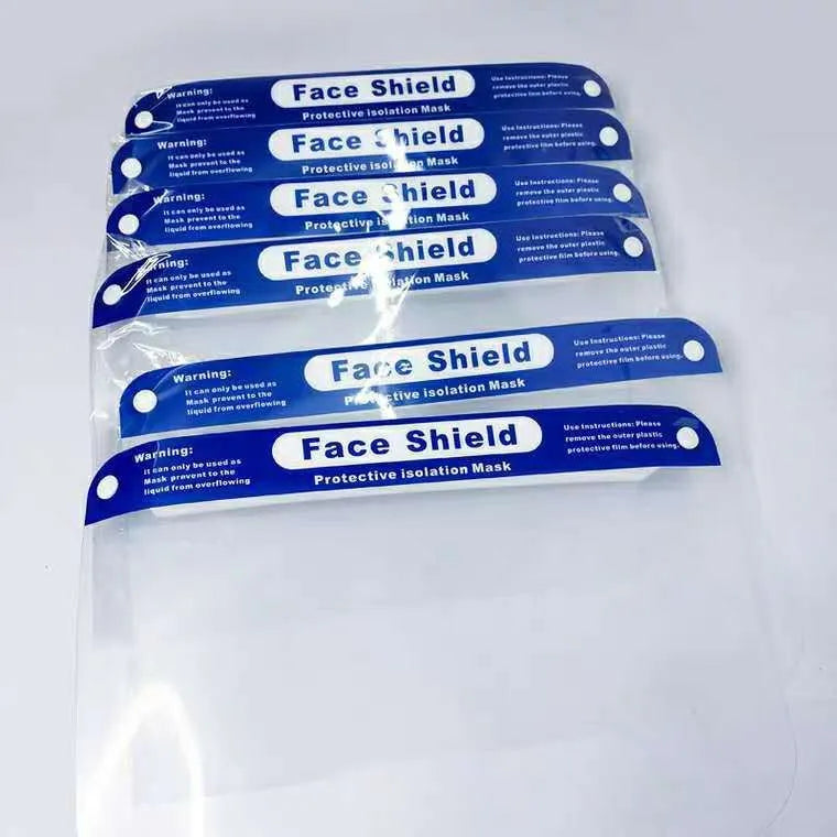 Blue PET head-on anti-splash protective mask for droplet self-protection, available in 100pcs and 5pcs packs